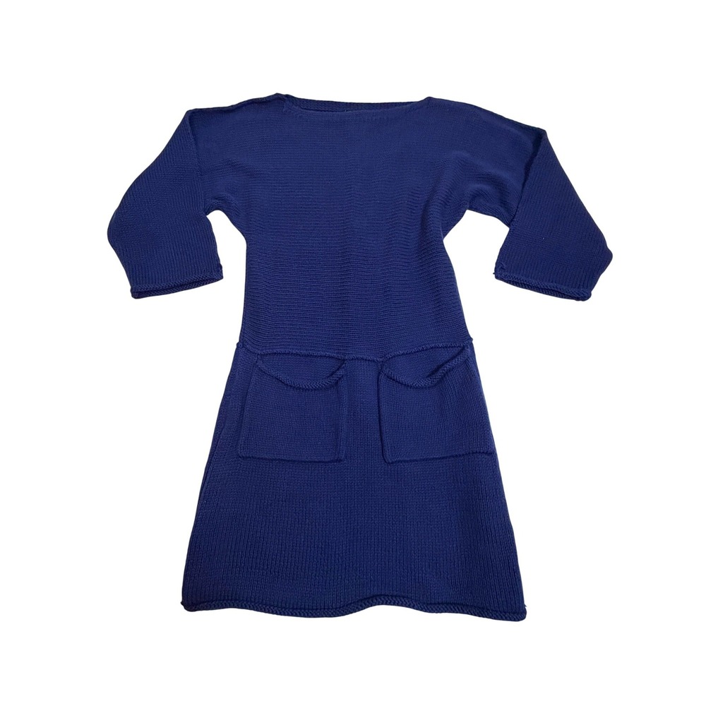 PURE Handknit Navy Blue Cotton Sweater Dress Size XS/S Handmade Knit Long Sleeve